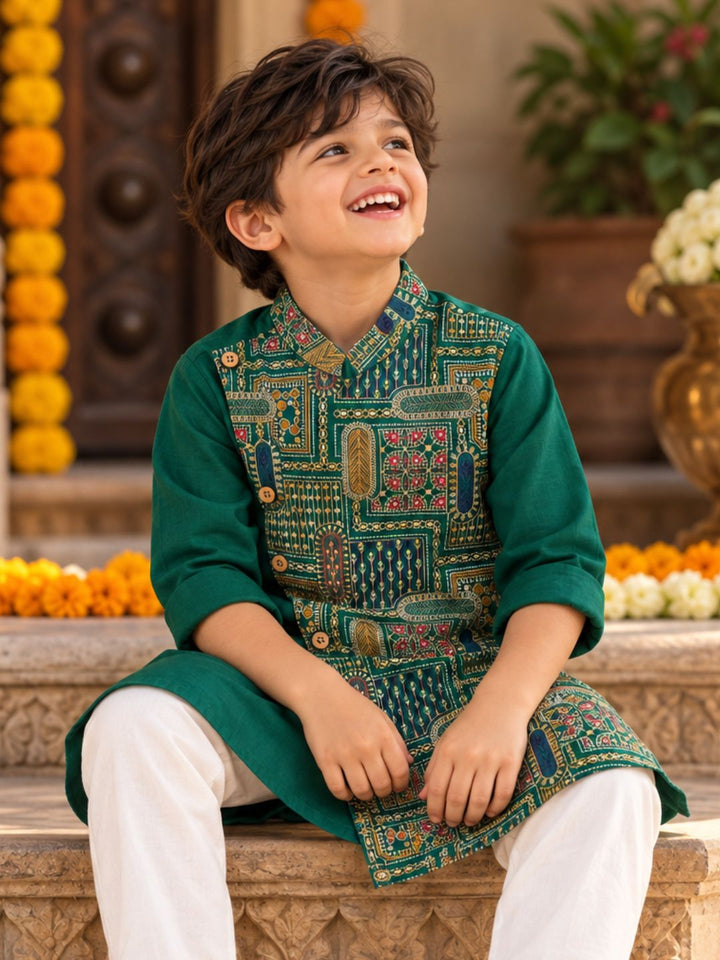 Green Embroidered Side Open Asymmetrical Silk Kurta for Boys, Men | Utsav
