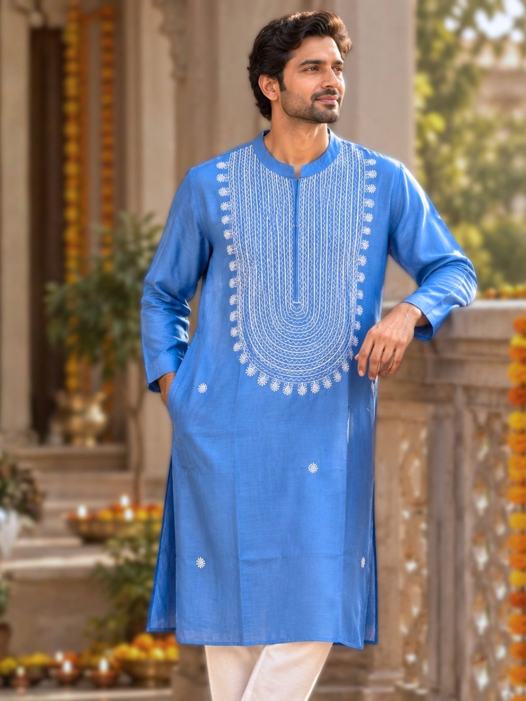 man in festive French blue cupro silk embroidered kurta for diwali 