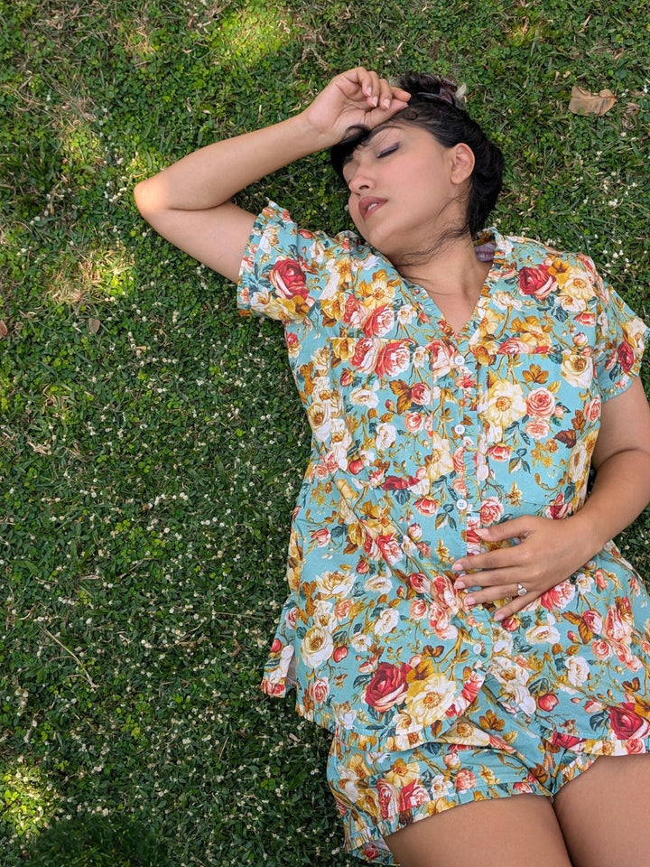 summer floral roses shorts coord set for women
