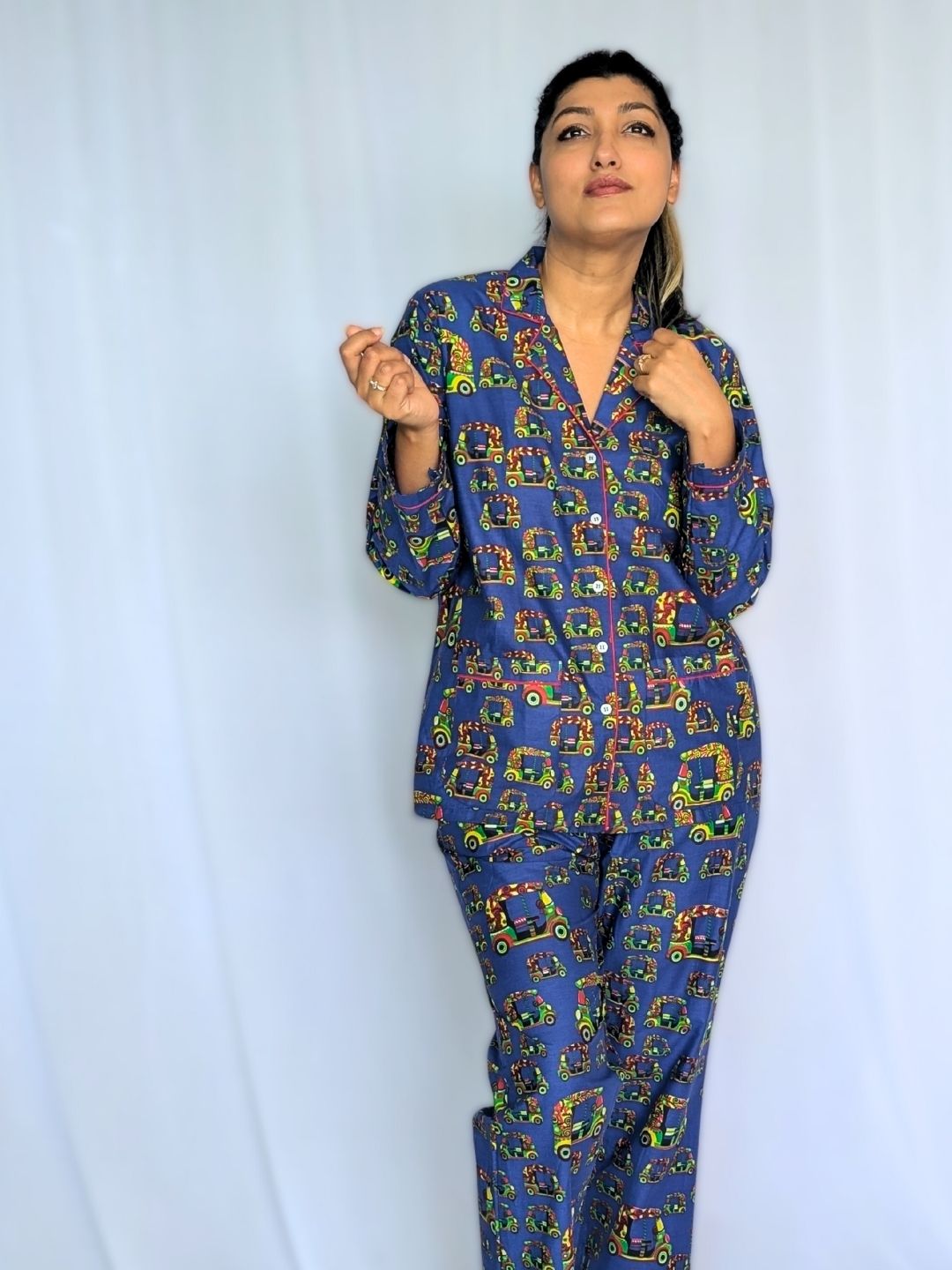 Autorickshaw print women’s cotton night suit – quirky loungewear by Tura Turi