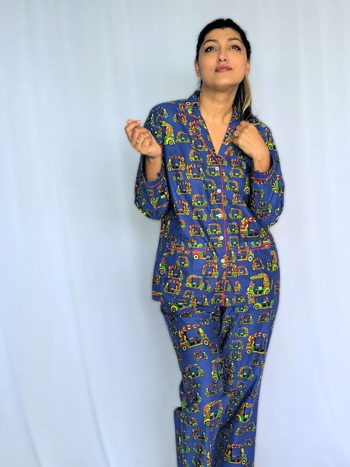 Autorickshaw print women’s cotton night suit – quirky loungewear by Tura Turi