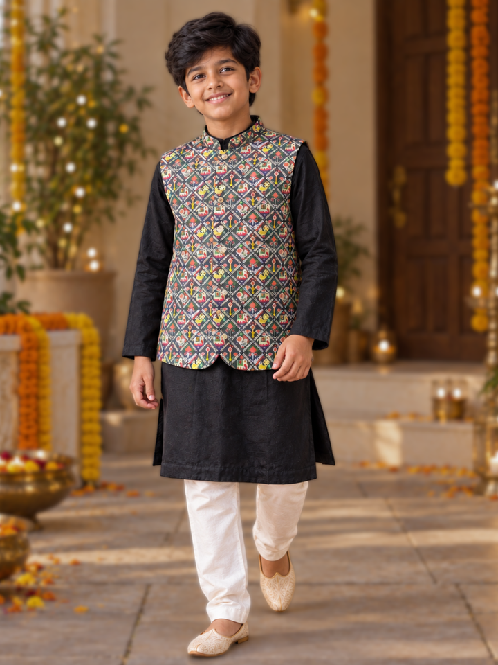 Grey Patola print Nehru jacket kurta pajama set for boys – Navratri and Diwali ethnic wear