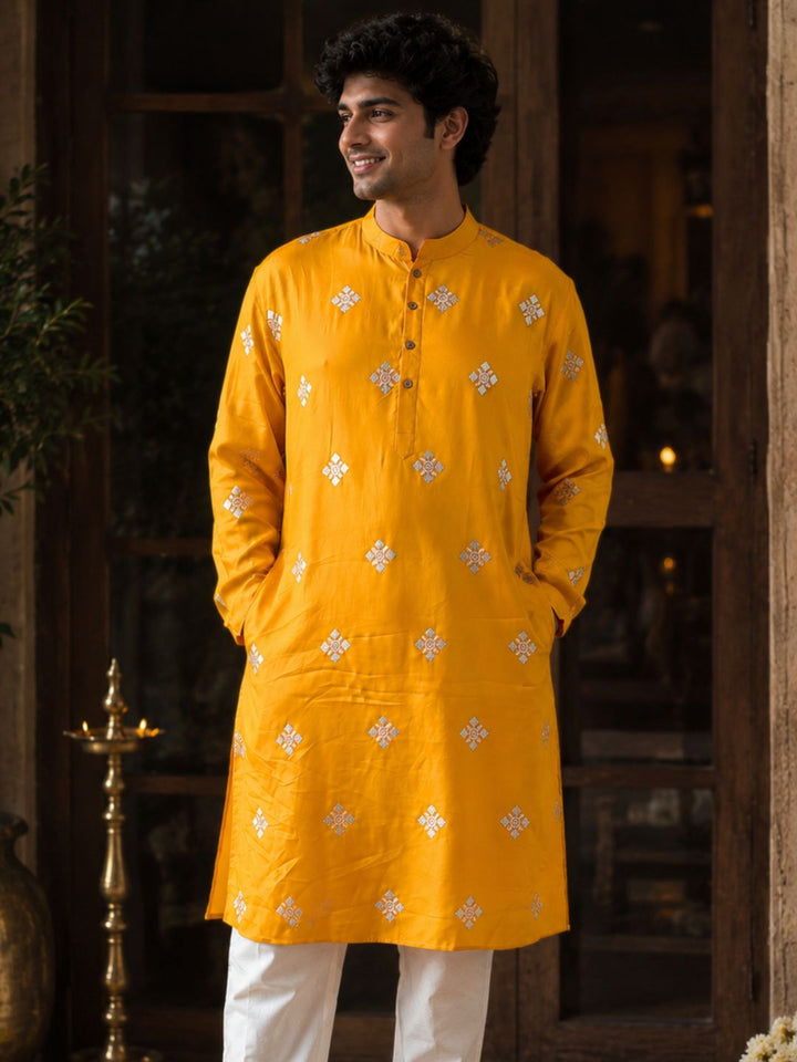 bright mango yellow kurta for men for festive occassions. haldi, mehendi, sangeet wedding, ganesh chaturthi, raksha bandhan