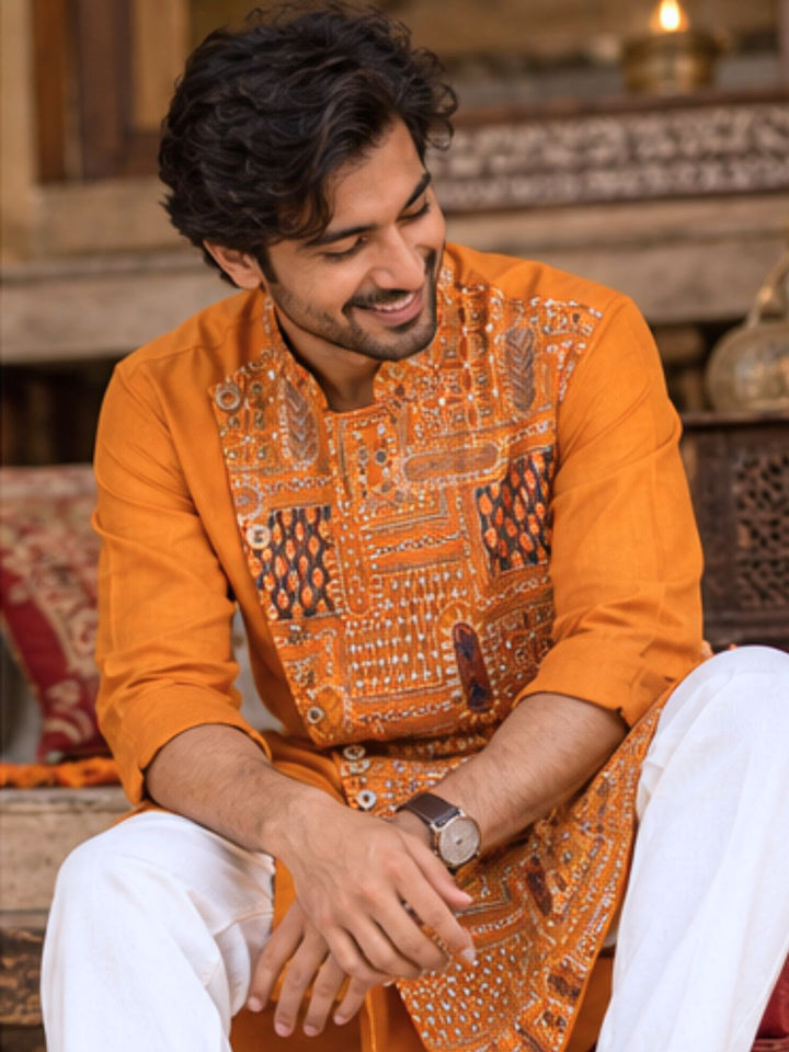 Orange Utsav cupro silk kurta with Mandarin collar, asymmetrical buttoned crossover front and wide multicolour embroidered panel – photo 7 – Tura Turi