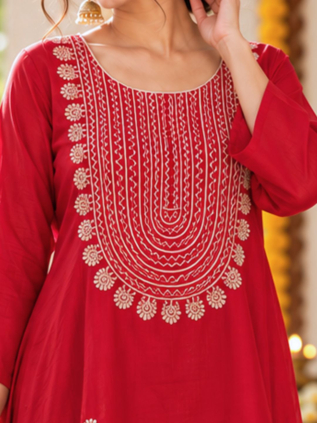 Red rumaal-cut embroidered kurta and pants for women, Tashan