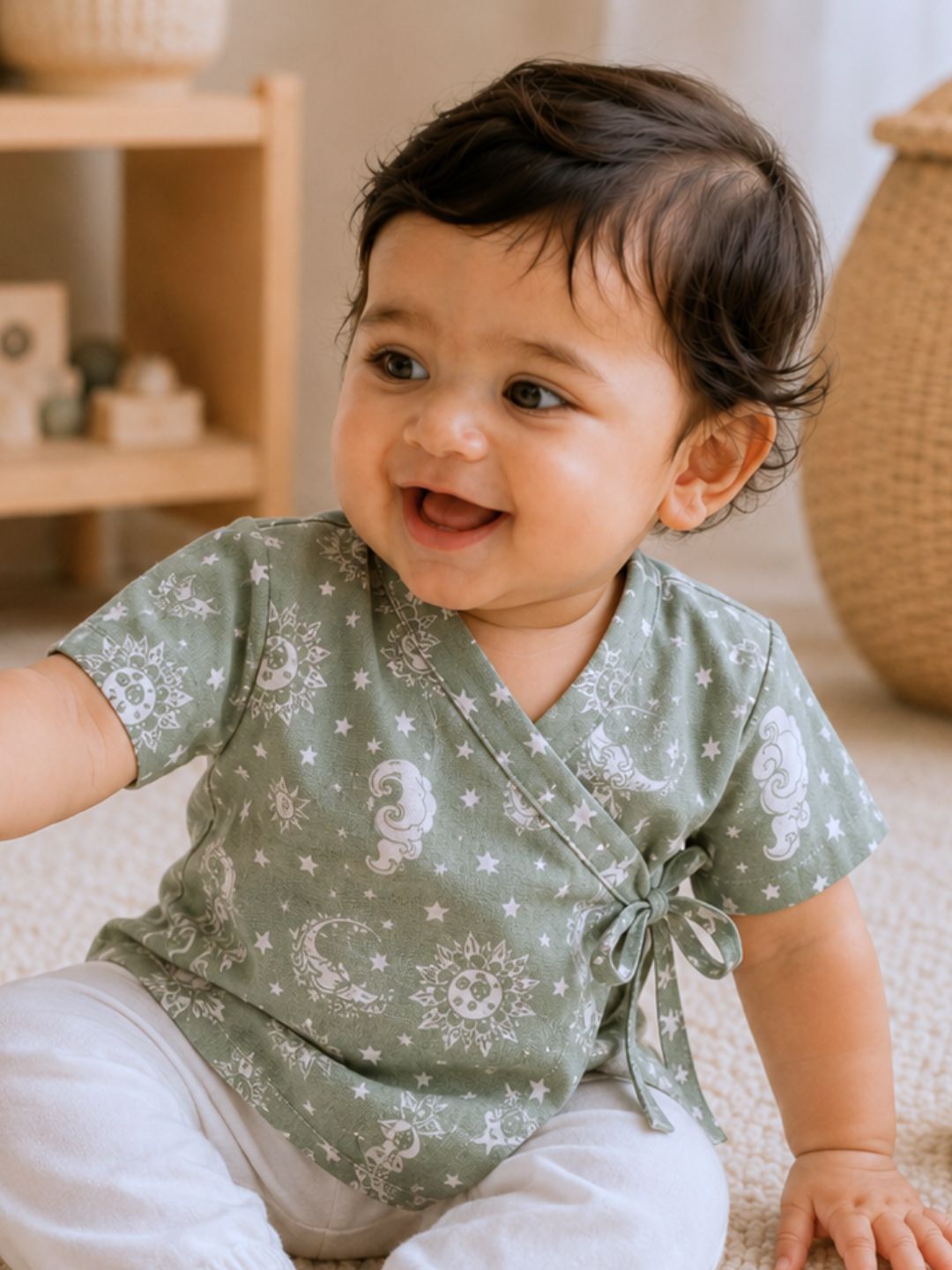 Nayantaara Sage Green cotton muslin baby angrakha jhabla for newborns – Tura Turi