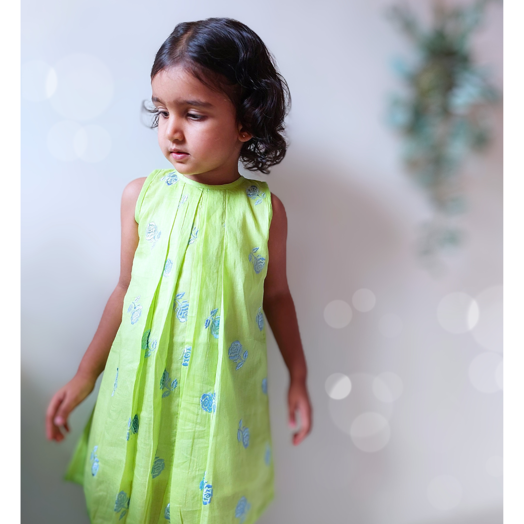 Embroidered Mal Cotton Dress | Rose Green | 1-12Y