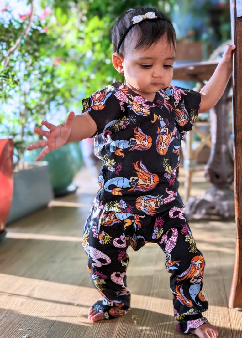 newborn baby jhabla pajama set, co-ord set, mermaid print