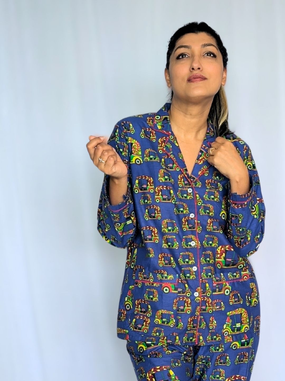 Autorickshaw print women’s cotton night suit – quirky loungewear by Tura Turi