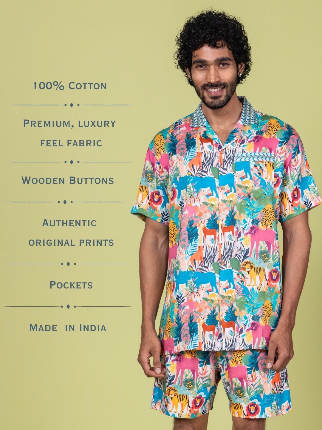 Men’s Cotton Shirt &amp; Shorts Set – Whimsical Forest Print | Summer Co-ord by Tura Turi