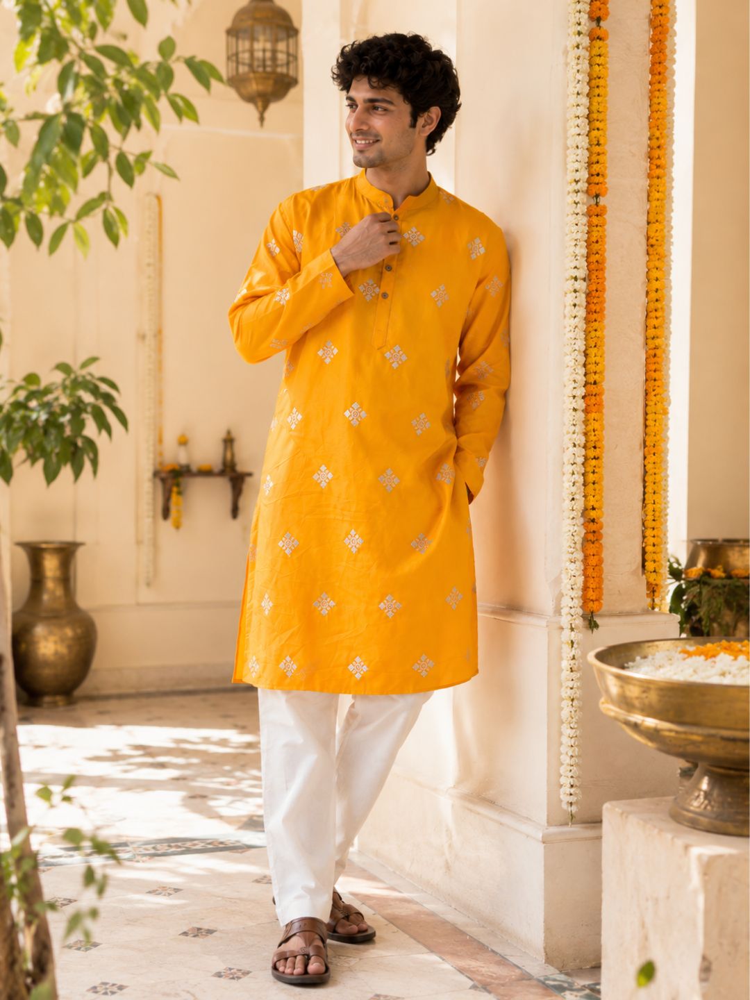 viral silk yellow mens kurta for festive wear