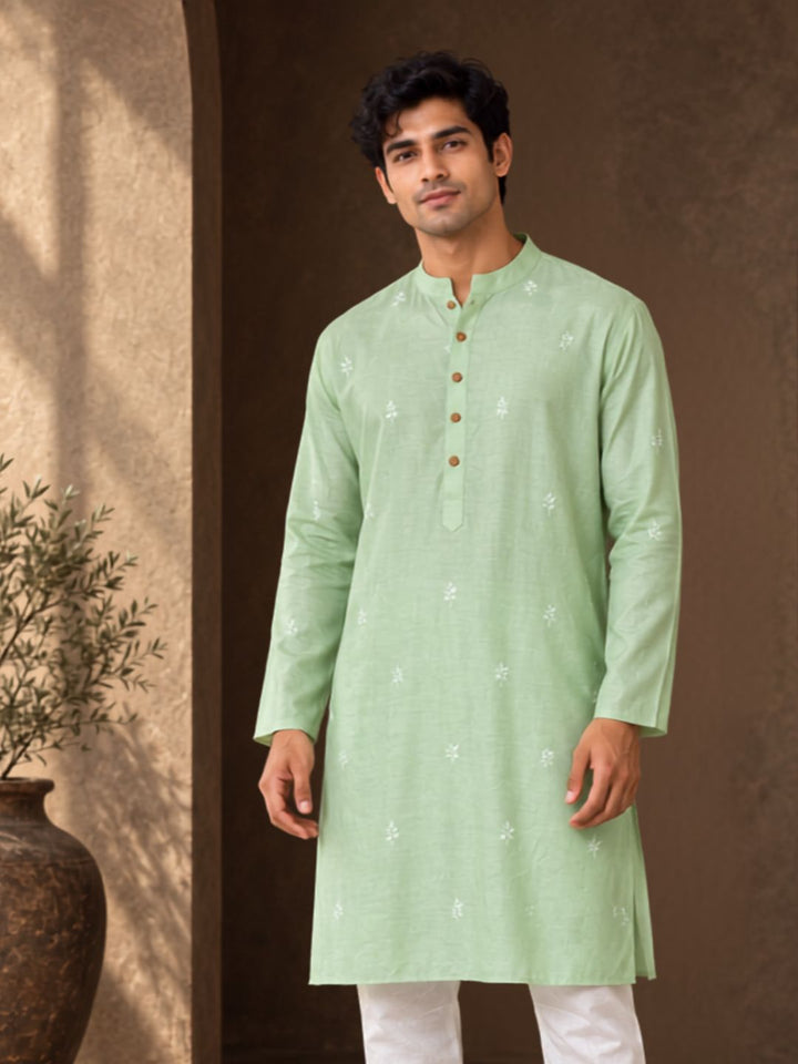 jade green festive silk kurta for men, breathable and soft. diwali and wedding wear