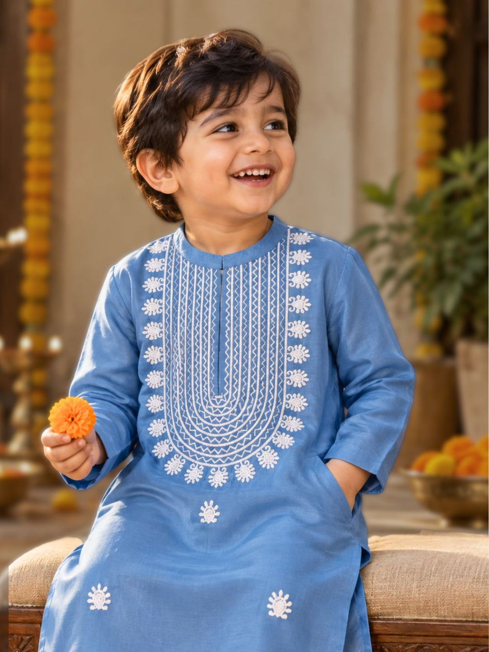 Small Boy in silk diwali kurta in french blue colour with white resham embroidery
