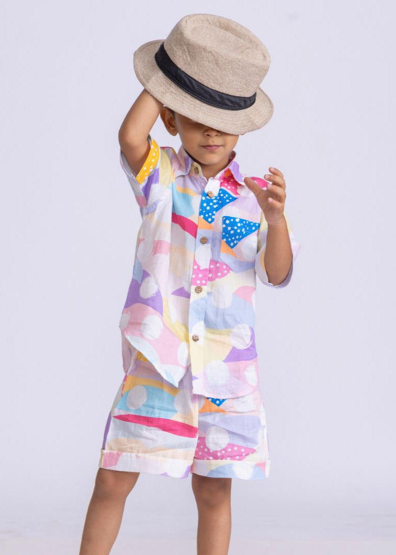 Boys' Cotton Shirt & Shorts Set – Pastel Polka Print | Playful Summer Outfit by Tura Turi