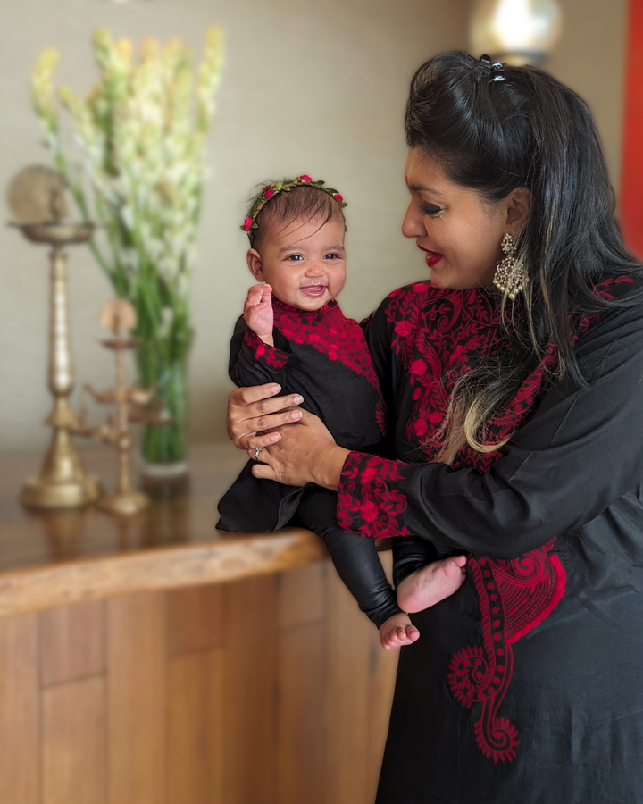 Black &amp; Red Embroidered Viscose Silk Kurta with Churidar, Girls &amp; Women