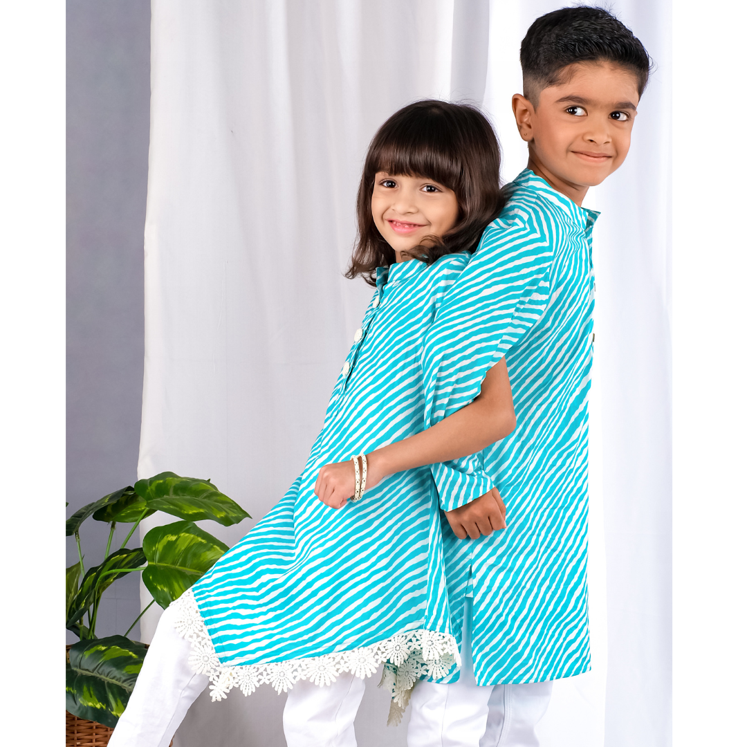 Cotton Malmal Kurta for Girls | Leheriya Blue