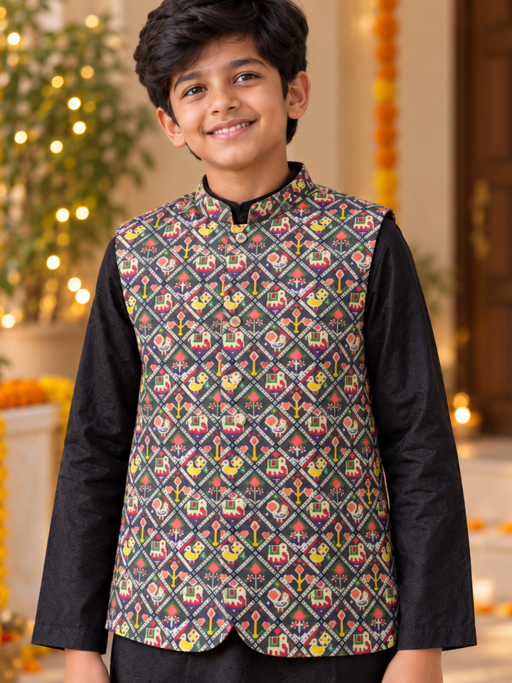 Boys grey Patola print bandi jacket with black silk kurta – Navratri garba outfit