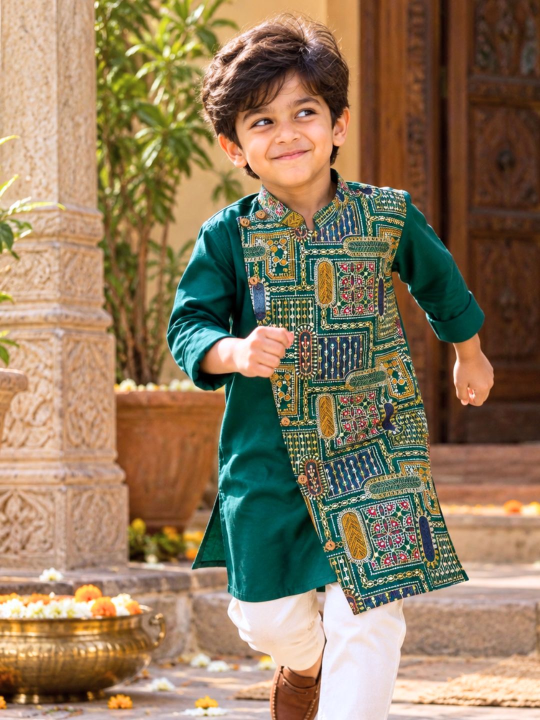 Green Embroidered Side Open Asymmetrical Silk Kurta for Boys, Men | Utsav