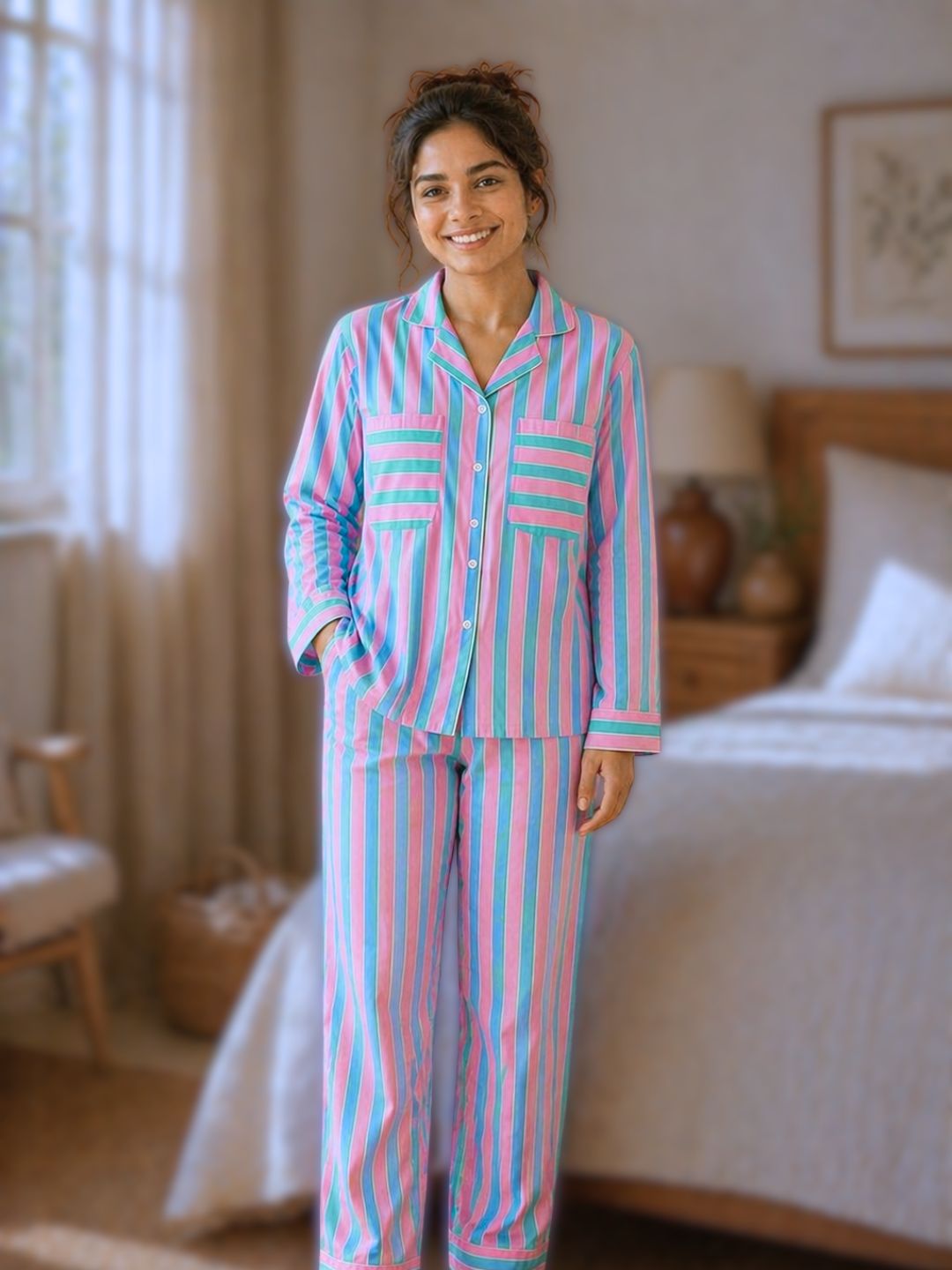 Soft cotton no bra pajama set for women, pink blue pinstripe nightwear with layered coverage