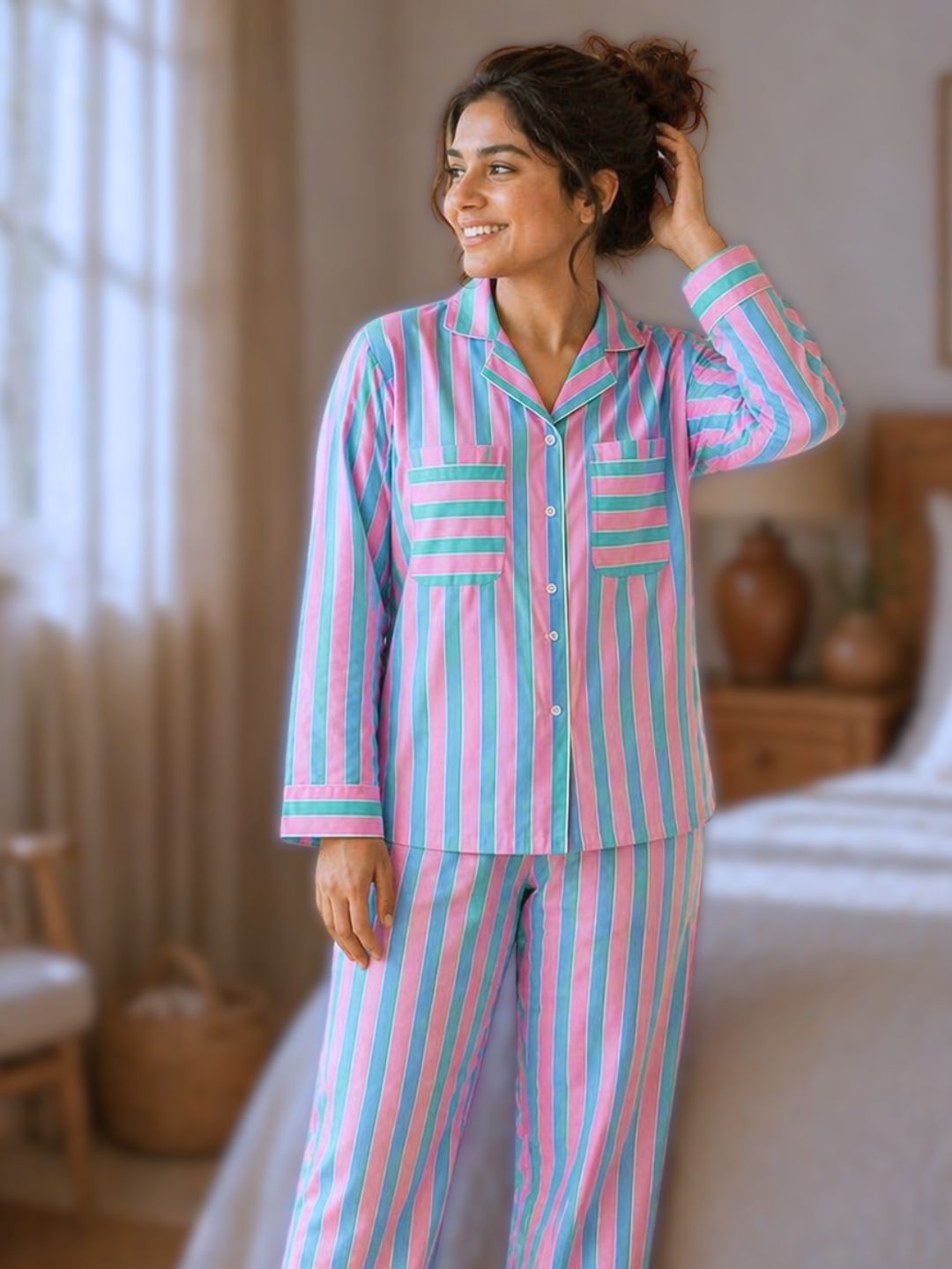 Women’s cotton no bra nightsuit set in pink and blue stripes, breathable summer sleepwear