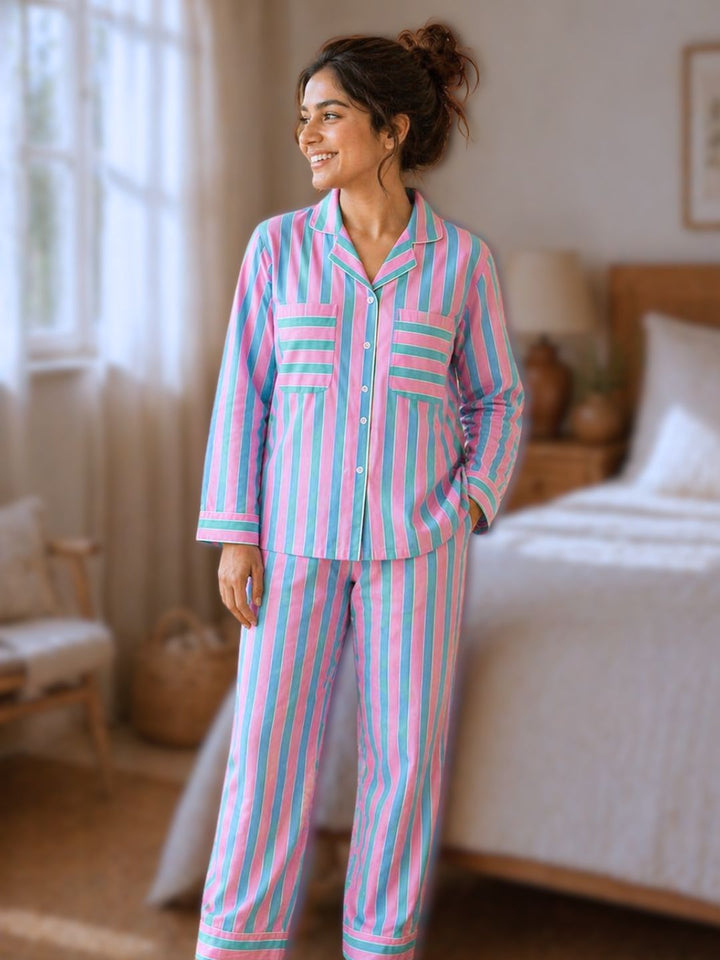 Women wearing cotton no bra nightsuit pajama set, lightweight pink and blue striped loungewear
