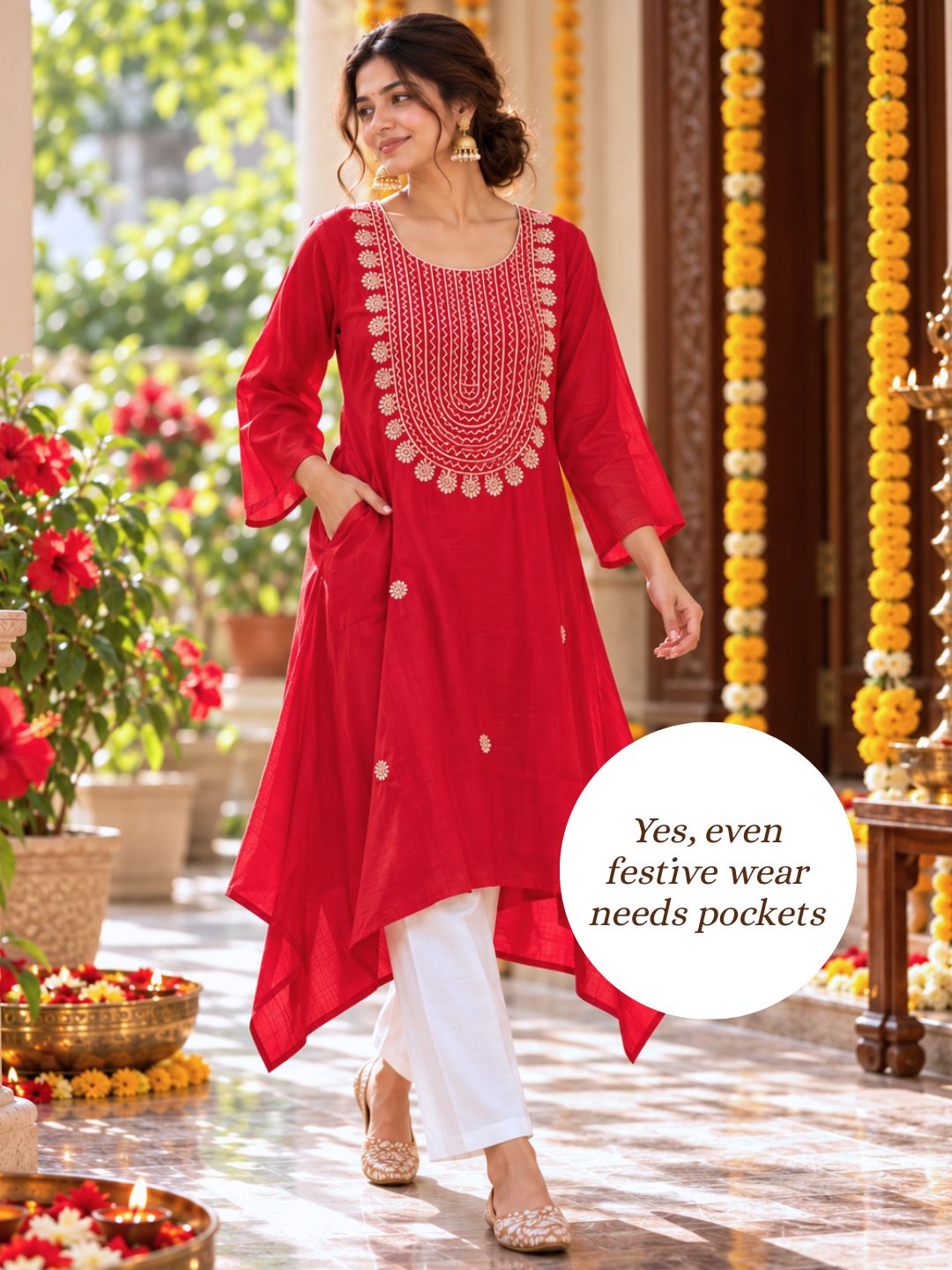 Beige resham embroidery on Tura Turi Tashan red kurta