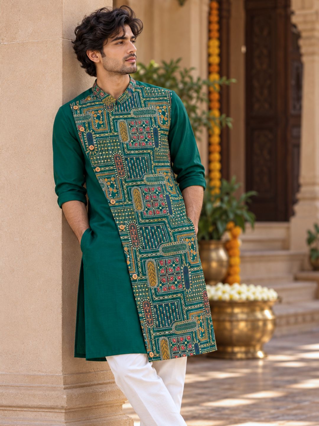 Emerald green Utsav cupro silk kurta with Mandarin collar, asymmetrical buttoned crossover front and wide multicolour embroidered panel – photo 6 – Tura Turi
