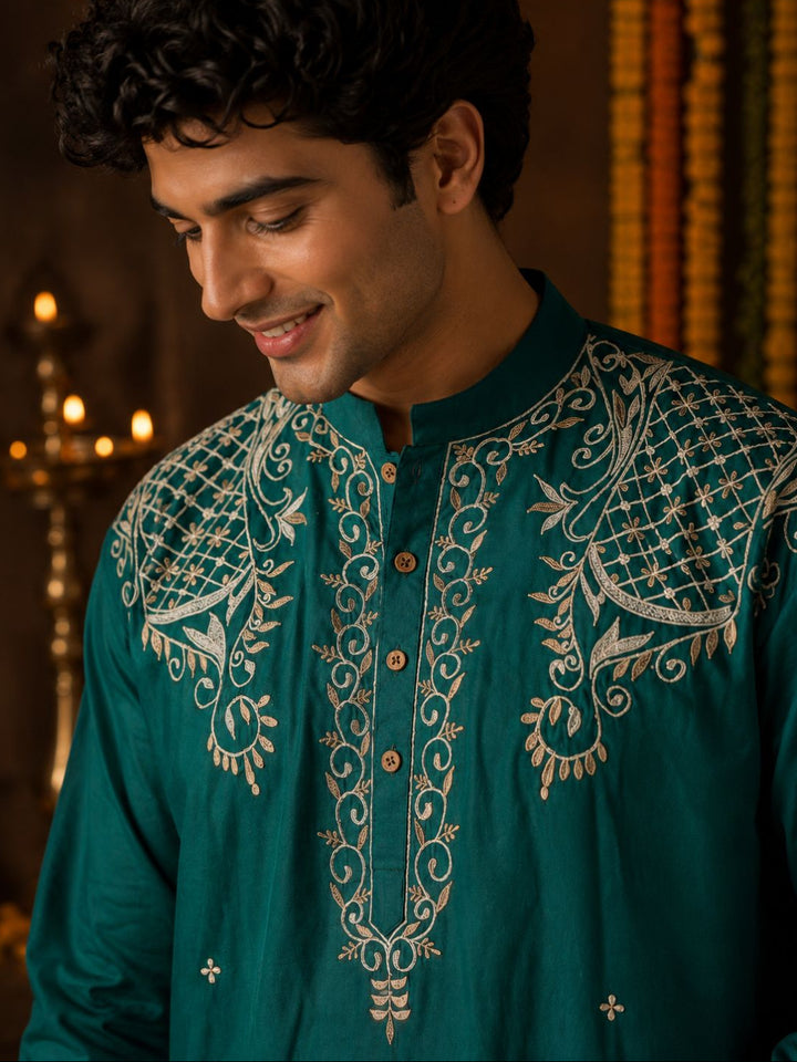 emerald green mens silk kurta with jaali embroidery