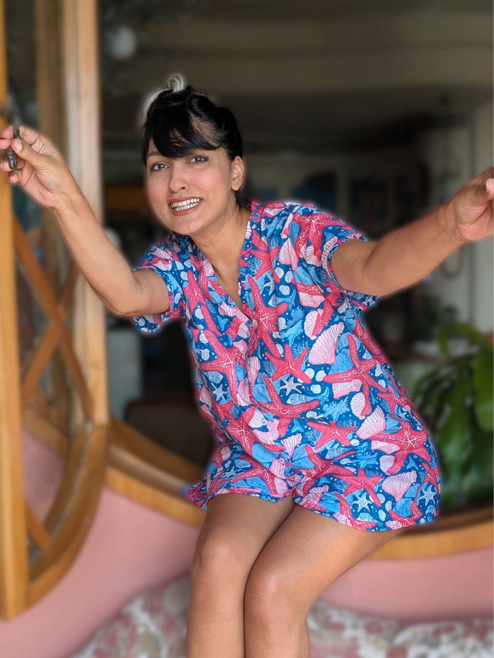blue shorts set for women colourful and trending