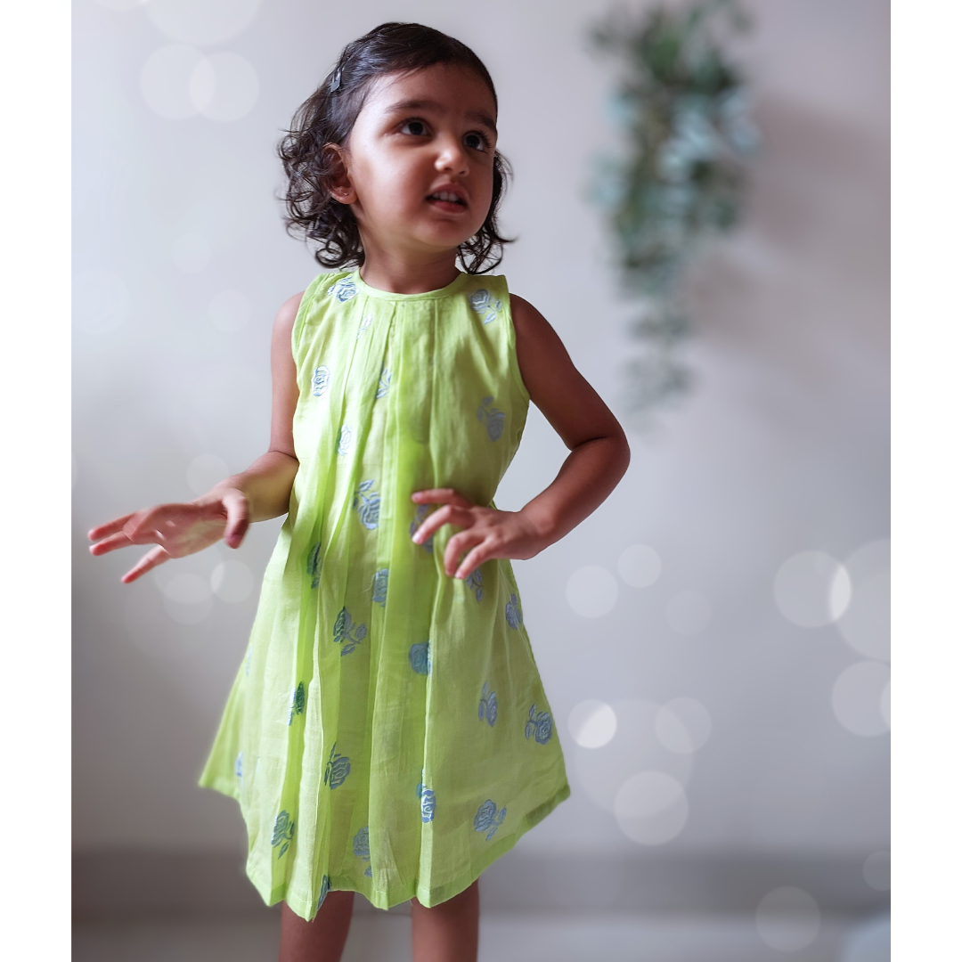 Embroidered Mal Cotton Dress | Rose Green | 1-12Y