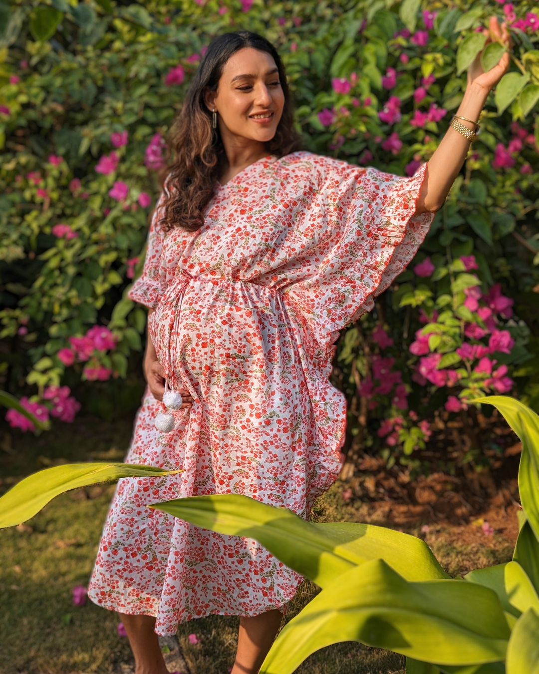 Bougainvillea print women’s cotton beach kaftan – tropical summer fashion
