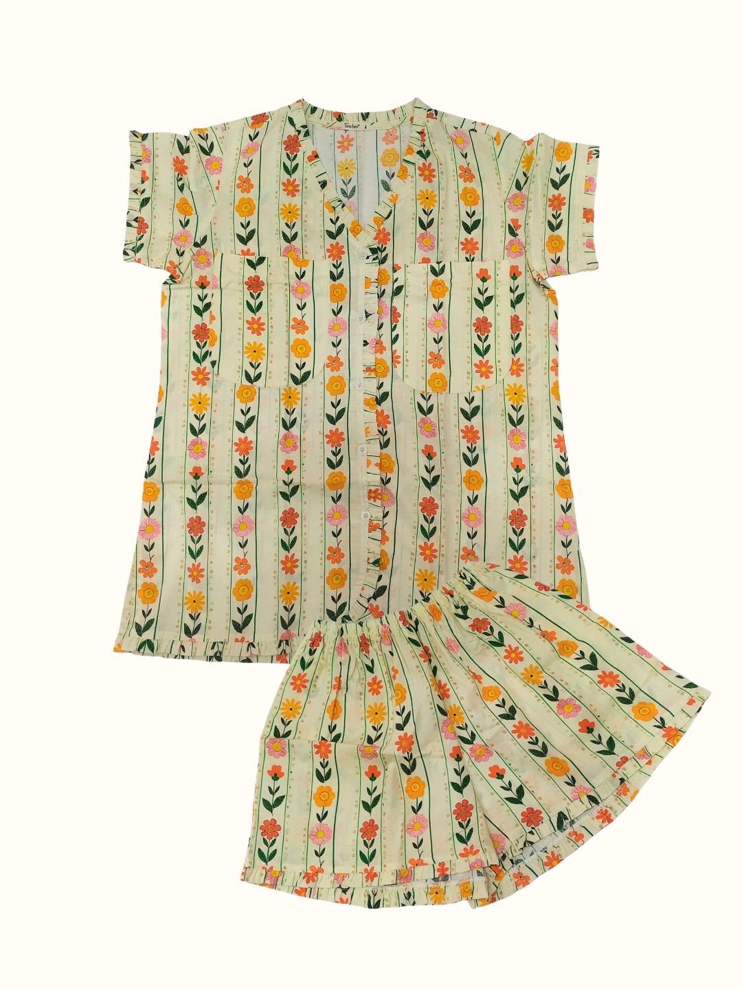 no bra needed womens nightsuit shorts set, petals pinstripes pattern, off white with flowers. 