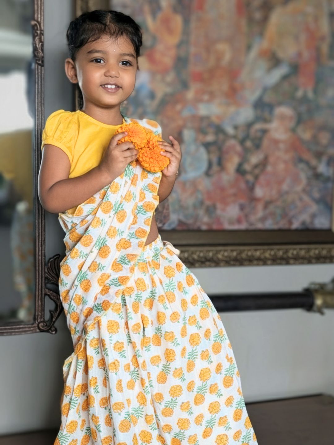 Malmal Tura Turi | Prestitched Cotton Malmal Saree for Girls | Marigold