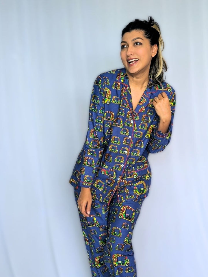 Autorickshaw print women’s cotton night suit – quirky loungewear by Tura Turi