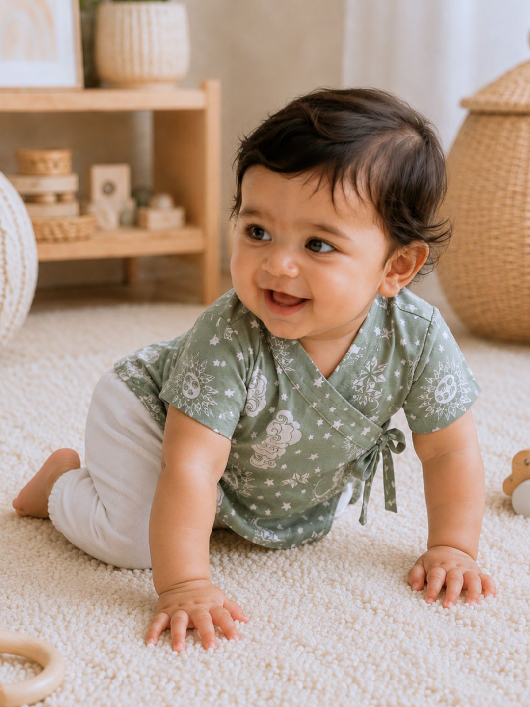 Nayantaara Sage Green cotton muslin baby jhabla, close view of the print – Tura Turi