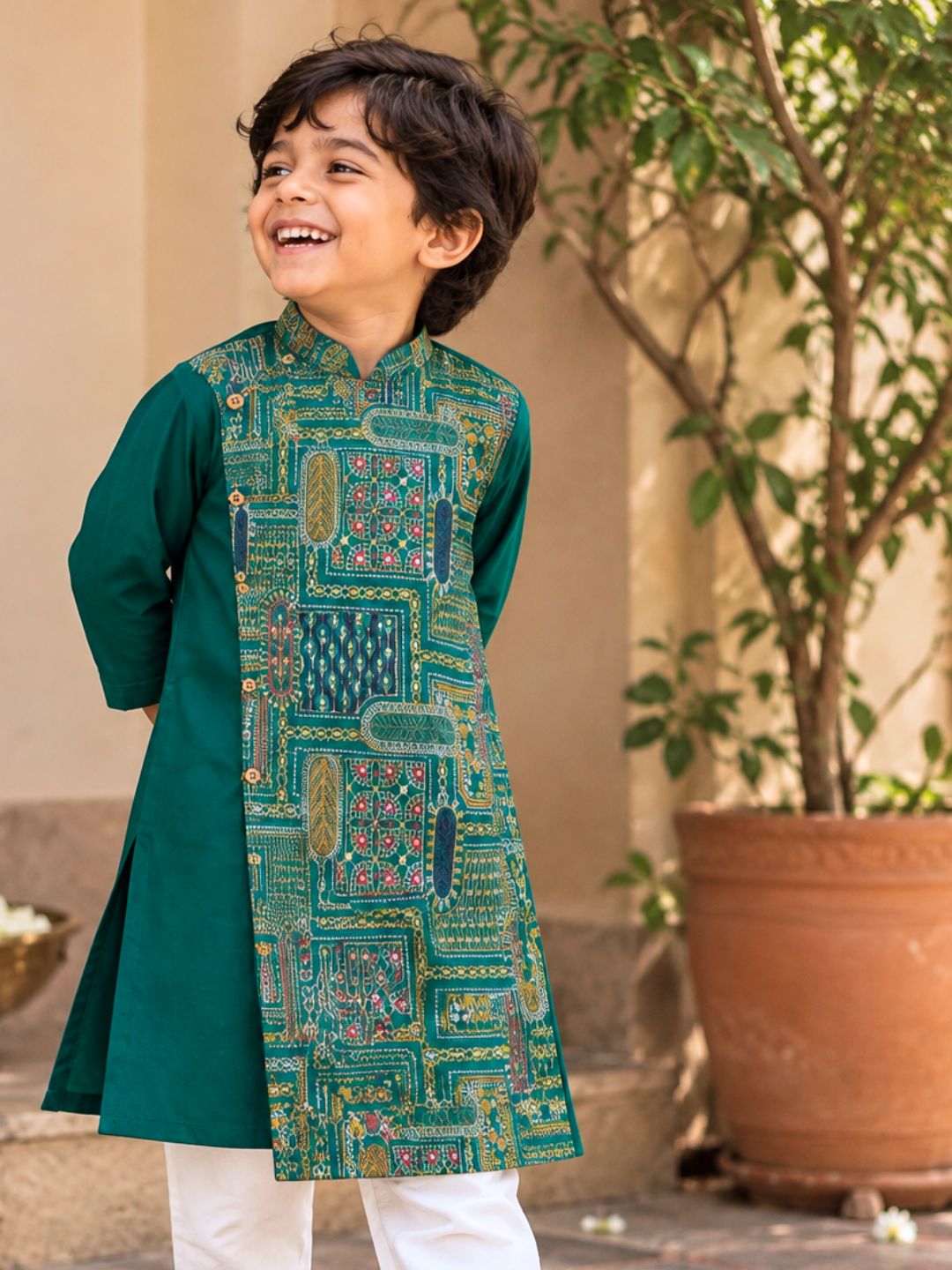 Green Embroidered Side Open Asymmetrical Silk Kurta for Boys, Men | Utsav