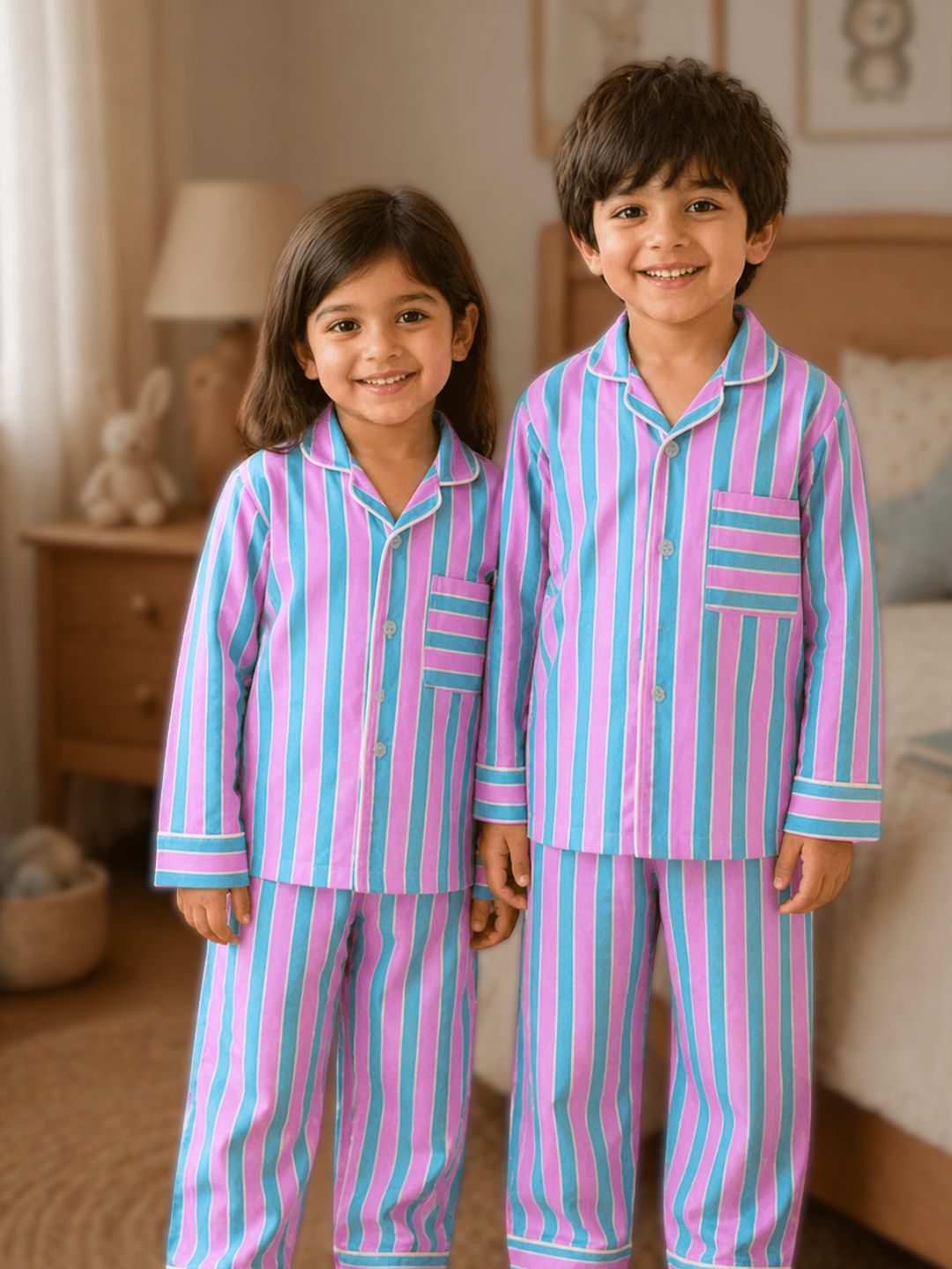 Kids cotton nightsuit in pink and blue pinstripes, breathable summer sleepwear for children