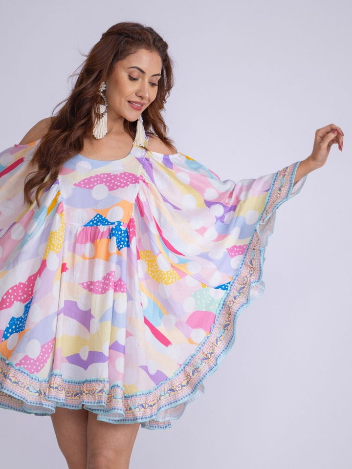 Women’s Cotton Cold-Shoulder Kaftan Dress – Pastel Polka Print | Flowy Summer Wear by Tura Turi