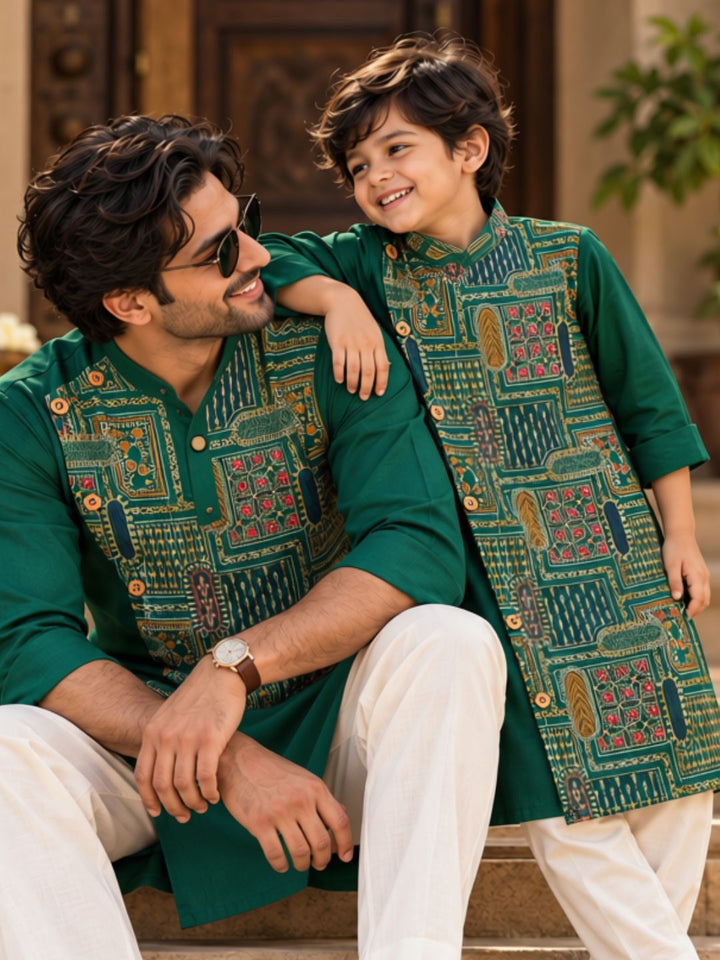 Green Embroidered Side Open Asymmetrical Silk Kurta for Boys, Men | Utsav