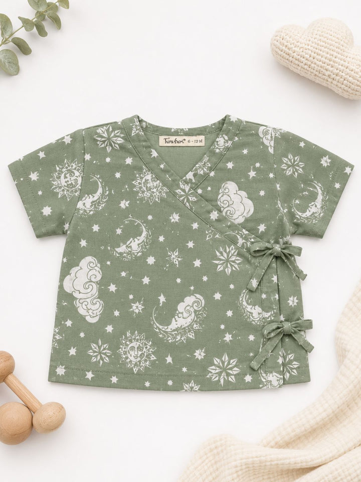Nayantaara Sage Green cotton muslin baby jhabla, newborn gift – Tura Turi