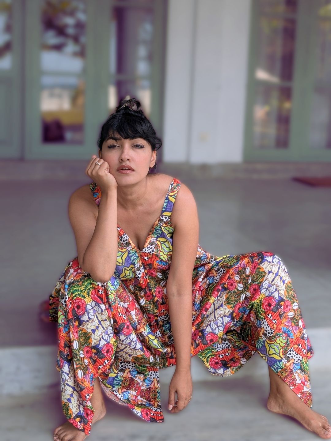 Flowy floral maroon cotton jumpsuit with asymmetrical hem and pockets