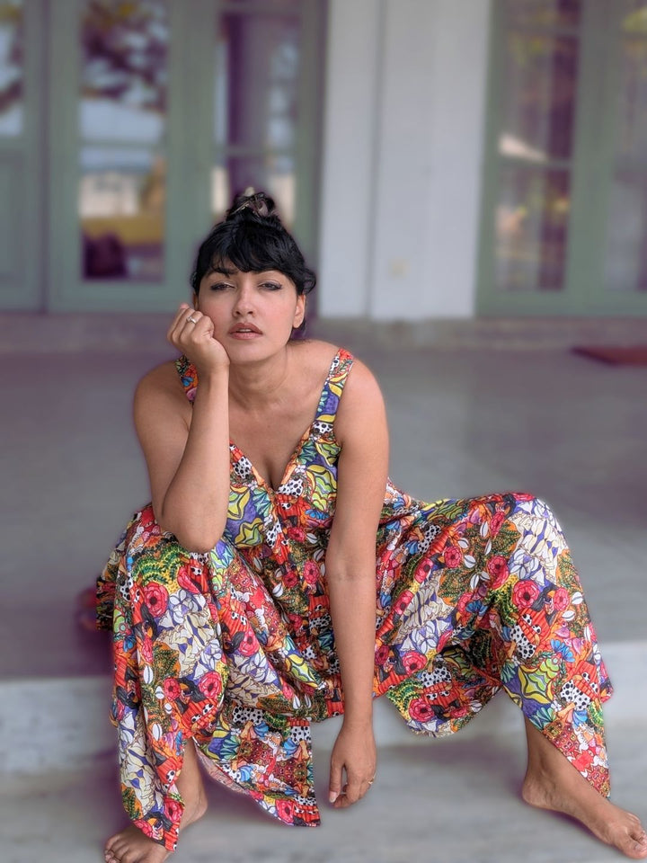 Flowy floral maroon cotton jumpsuit with asymmetrical hem and pockets