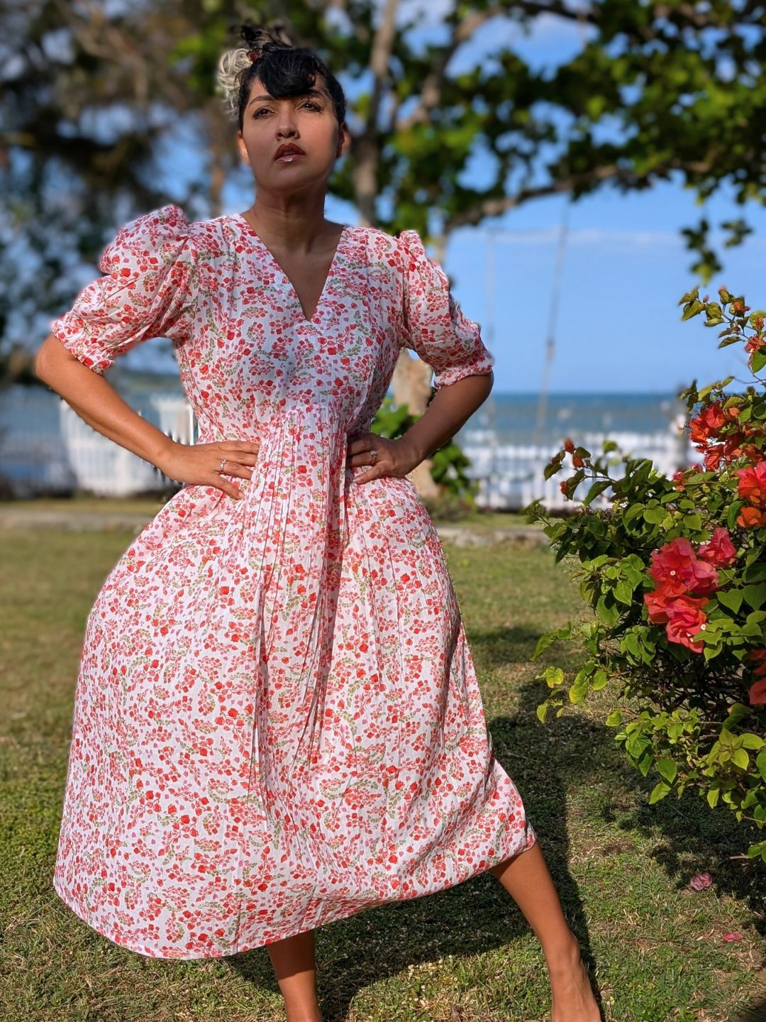 pink floral Women’s printed cotton midi dress with relaxed fit and easy summer silhouette
