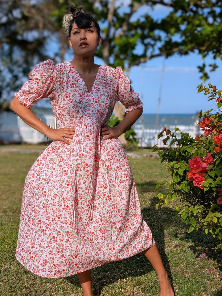 pink floral Women’s printed cotton midi dress with relaxed fit and easy summer silhouette