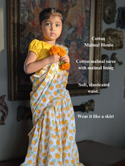 Prestitched Malmal Saree for Girls | Marigold