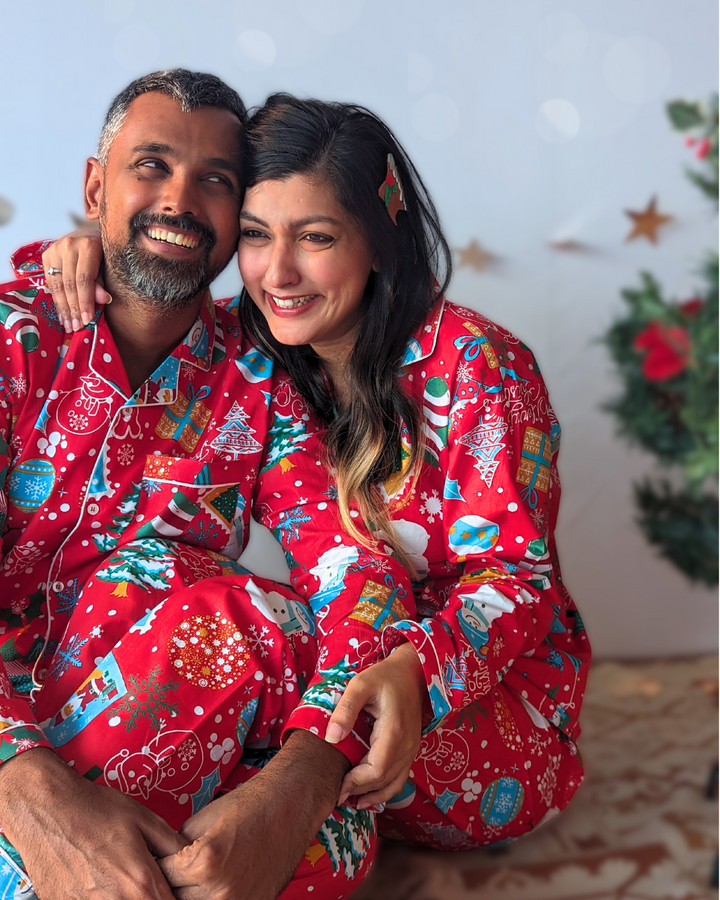 Cotton Night Suit, Women | Jingle Bells - Red