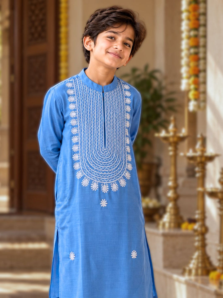 10 year old boy in kurta, for teens, in french blue silk embroidered kurta. 