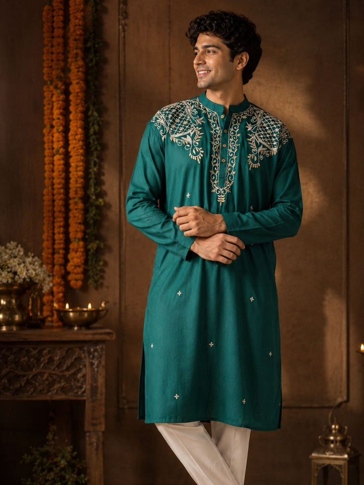 bengali embroidery emerald green mens silk kurta  
