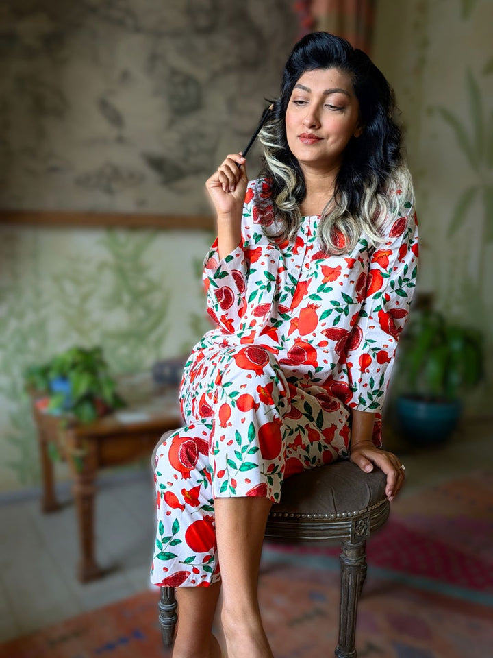 Women’s red and white pomegranate print cotton no bra nightsuit set with pajama pants – soft breathable summer loungewear coord set