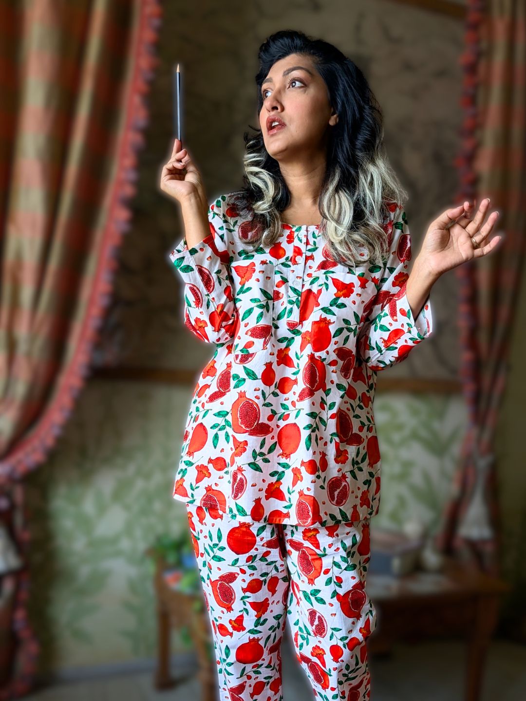 Summer cotton no bra nightsuit for women in red fruit print – pomegranate pajama set doubling as stylish loungewear coord set